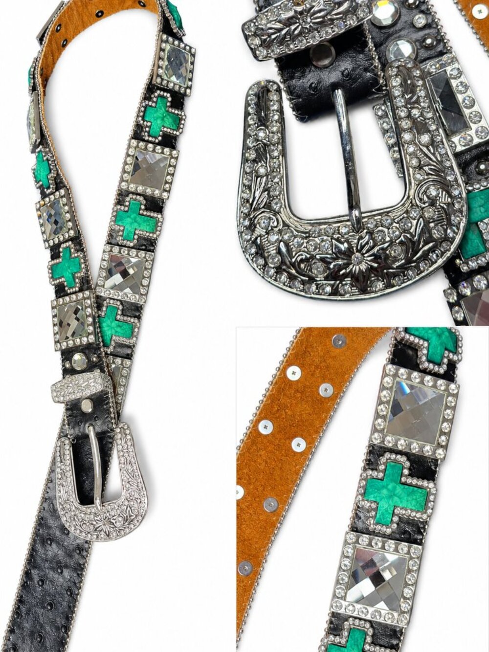 Wholesale by Atlas Western Rhinestone Bling Belt Green Cross Size L 44